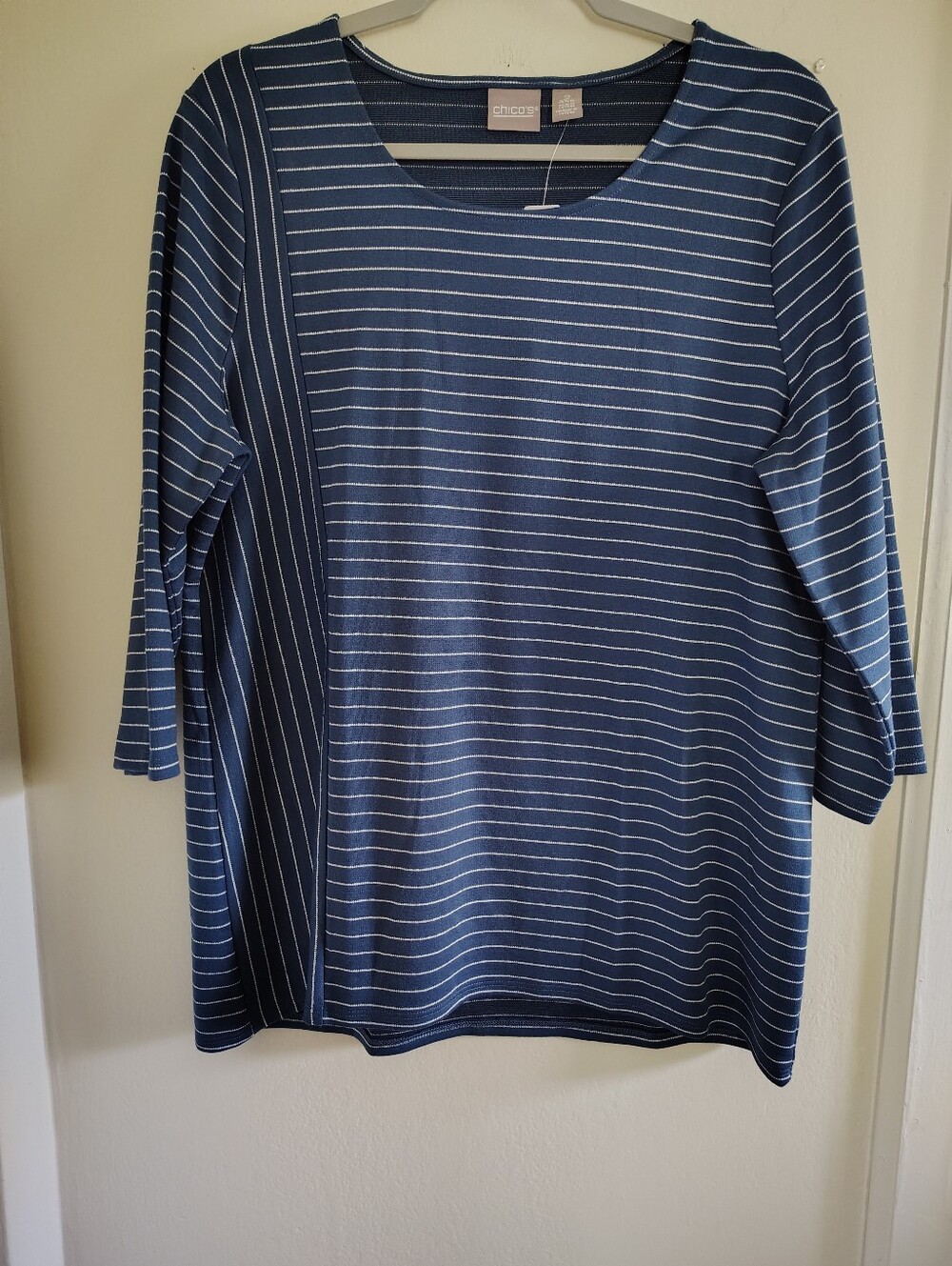 Chicos Blue Striped Tunic Top Large 2 NWT Casual Nautical Flowy Classic Popover